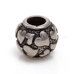 Perles européennes en 304 acier inoxydable, Perles avec un grand trou   , rondelle avec le coeur, argent antique, 11x10mm, Trou: 5mm
