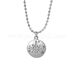 Stainless Steel Rhinestone Flat Round with Star Pendant Necklaces, Ball Chain Necklace for Women, Stainless Steel Color, 16-1/2 inch(42cm)