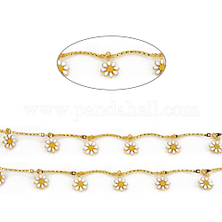 Handmade Brass Link Chains, Soldered, with Enameled Flower Charms, with Spool, Long-Lasting Plated, Real 18K Gold Plated, Yellow, Link: 18x1.8x3mm, Flower: 10x7x2mm, about 32.8 Feet(10m)/roll