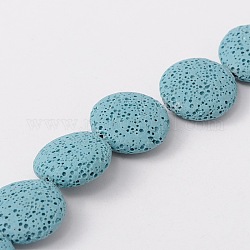 Natural Lava Rock Beads Strands, Flat Round, Dyed, Light Blue, 20~21.5x7~8mm, Hole: 1mm, about 19pcs/strand, 15.35 inch