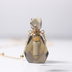 Collier pendentif bouteille de parfum en quartz fumé naturel avec chaînes en laiton, Collier flacon d'huile essentielle pour femme, or, 25.59 pouce (65 cm), capacité: 0.88 ml (0.03 oz liq.)