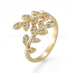 Latón micro pave anillos de brazalete de circonio cúbico, anillos abiertos, Plateado de larga duración, ramas frondosas, real 18k chapado en oro, diámetro interior: 19 mm