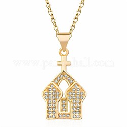 Unisex Halsketten mit Messinganhängern, Kirche Micro Pave klarer Zirkonia & Kreuz, golden