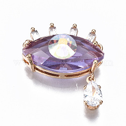 Liens de pendentifs en verre, avec des accessoires en laiton doré clair, oeil avec larme, support violet, 20.5x18x8mm, Trou: 1mm