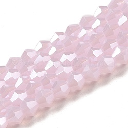 Imitation Jade Electroplate Glass Beads Strands, Pearl Luster Plated, Faceted, Bicone, Pink, 4x4mm, Hole: 0.8mm, about 87~98pcs/strand, 12.76~14.61 inch(32.4~37.1cm)