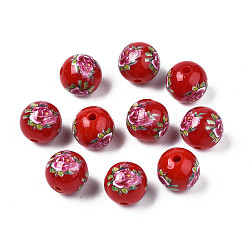 Perline fatti a mano opaco fiore stampato in acrilico, tondo, rosso, 9x9.5mm, Foro: 1.8 mm