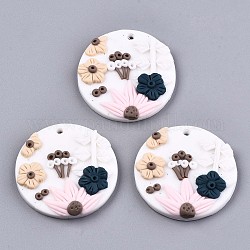 Handmade Polymer Clay Pendants, Flat Round with Flower, Floral White, 33x6mm, Hole: 2mm