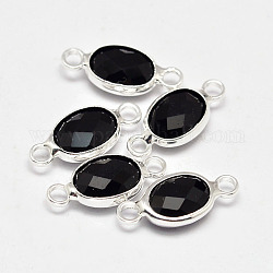 Conectores de enlaces de vidrio de latón chapado en color plateado ovalado facetado, negro, 15x6.5x3.2mm, agujero: 1 mm