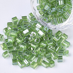6/0 Glasperlen, transparente Farben Glanz, quadratisches Loch, Würfel, grün, 6/0, 3~5x3~4x3~4 mm, Bohrung: 1.2~1.4 mm, ca. 4500 Stk. / Beutel