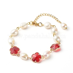 Pulsera de eslabones de vidrio de flor de ciruelo para niña mujer, pulsera de perlas naturales, dorado, rojo, 7-1/8 pulgada (18 cm)