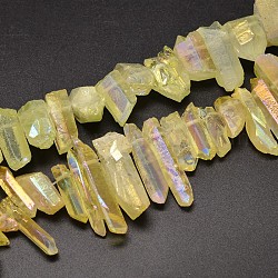 Гальванические природный кристалл кварца бусы пряди, самородки, форма клыка, AB цвет, окрашенные, желтое шампанское, 7~15x18~60 мм, отверстие : 1 мм, около 46 шт / нитка, 16 дюйм