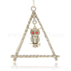 Antique Silver Alloy Rhinestone Big Pendants, Triangle with A Dangled Owl Charms, Light Siam, 80x67x3mm, Hole: 4mm, Owl: about 31x17x4mm