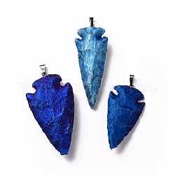 Pendeloques de cristal de quartz électroplaqué, avec accessoires en laiton, gunmetal, pointe de flèche, bleu plaqué, 50~70x24~38x6~11mm, Trou: 5x8mm