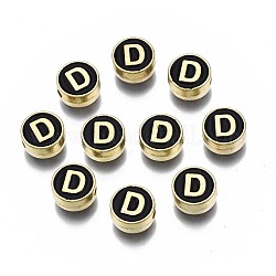 Legierung Emaille-Perlen, cadmiumfrei und bleifrei, Licht Gold, flach rund mit Alphabet, Schwarz, letter.d, 8x4 mm, Bohrung: 1.5 mm