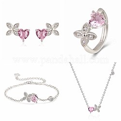 Brass & Heart Glass Imitation Rose Quartz Jewelry Set, with Cubic Zirconia, Including Necklaces, Earrings, Bracelets and Rings, Platinum