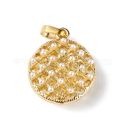 Rack Plating Brass Pendants, with Plastic Imitation Pearl Bead, Cadmium Free & Lead Free, Long-Lasting Plated, Flat Round, Real 18K Gold Plated, 22x18x9mm, Hole: 5x3mm