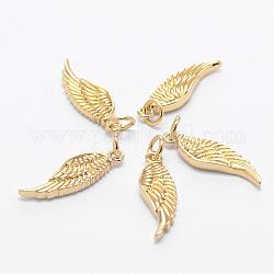 Brass Micro Pave AAA Cubic Zirconia Pendants, Wing, Lead Free & Cadmium Free & Nickel Free, Real 18K Gold Plated, 21x7x2.5mm, Hole: 3mm