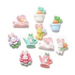 Cabujones decodificados de resina opaca con tema de conejo de dibujos animados, macetas para flores, conejos y regaderas, formas mixtas, color mezclado, 22~28x20.5~27x7.5~8.5mm