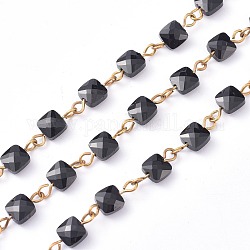 Handmade Chains, with Golden Brass Eye Pin and Electroplate Glass Beads and Spool, Cube, Unwelded, Black, 6x6.5x4mm, about 32.8 Feet(10m)/roll