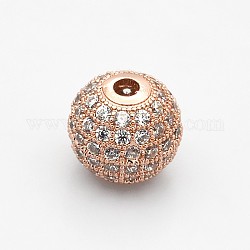 CZ Brass Micro Pave Grade AAA Clear Color Cubic Zirconia Round Beads, Cadmium Free & Nickel Free & Lead Free, Rose Gold, 10mm, Hole: 2mm