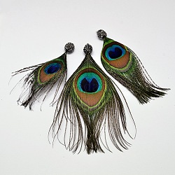 孔雀の羽の大きなペンダント  ポリマークレイラインストーン、真鍮のパーツと  プラチナ  濃い緑  102~147x40~68x10mm  穴：2mm