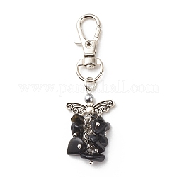 Natural Obsidian Beaded Cluster Pendant Decorates, with Swivel Clasps, Lobster Clasp Charms, Clip-on Charms, for Keychain, Purse, Backpack Ornament, Stitch Marker, Wings, 67~68mm