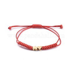 Unisex verstellbare koreanische gewachste Polyesterschnur geflochtene Perlenarmbänder, rote Schnurarmbänder, mit Messing-Perlen, Herz, echtes 18k vergoldet, rot, 2.2~7.8 cm