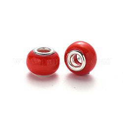 Handmade Lampwork European Beads, Large Hole Rondelle Beads, with Platinum Tone Brass Double Cores, Red, 14~15x9~10mm, Hole: 5mm