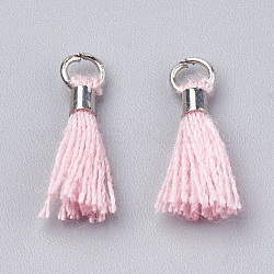 Décorations pendentif pompon en polycoton (coton polyester), mini pompon, avec les accessoires en laiton, platine, perle rose, 10~15x3~4mm, Trou: 2mm