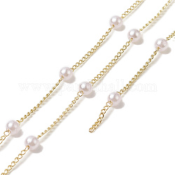 Cadenas de perlas de plástico hechas a mano, con cadenas de bordillo de latón chapado en cremallera, soldada, con papel de cartas, dorado, 6.5x4mm
