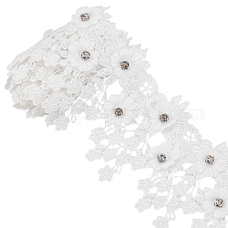 Borde de encaje de poliéster, con rhinestone de cristal, floral, blanco, 3-3/8 pulgada (85~90 mm), alrededor de 1.09 yarda (1 m) / rollo
