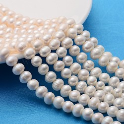Grade a brins de perles de culture d'eau douce naturelles, bien pour la fabrication de bijoux pour la fête des mères, ronde, couleur naturelle, blanc, 7~8mm, Trou: 0.8mm, 14.1~14.5 pouce