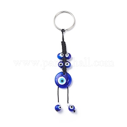 Porte-clés pendentif plat rond mauvais œil, avec du fil de nylon tressé, pour femmes hommes sac de voiture clé pendentif, bleu, 13 cm