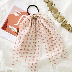 Polka Dot Pattern Cloth Elastic Hair Accessories, for Girls or Women, with Iron Findings, Hair Ties with Long Tail, Knotted Bow Hair Scarf, Bisque, 250mm