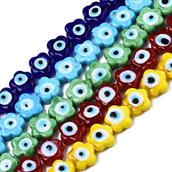 Hechos a mano de mal de ojo lampwork perlas hebras, flor, color mezclado, 11x12x6mm, agujero: 1.6 mm, aproximamente 33 pcs / cadena, 14.57 pulgada (37 cm)