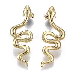 Brass Dangle Stud Earrings, with Ear Nuts, Nickel Free, Snake, Real 18K Gold Plated, 31.5x12mm, Pin: 0.8mm