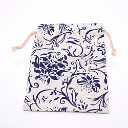 Poches de jute, sacs à cordon en polyester, motif de fleur, bleu, 22.7x17.4 cm