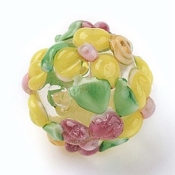 Manuell Murano Glas Perlen, Unterlegscheibe mit Blume, holperig, Gelb, 14~15x12~13 mm, Bohrung: 1.5~1.8 mm