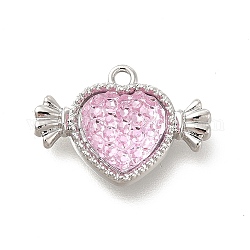 Colgantes de rhinestone de resina rosa transparente, charms del corazón, fornituras de aleación, Platino, 15x21x4.5mm, agujero: 1.6 mm