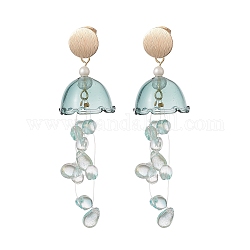 Méduse en verre avec boucles d'oreilles pendantes en perles de coquillage, Boucles d'oreilles pendantes longues en laiton doré pour femme, Aqua, 74~76mm, pin: 0.7 mm
