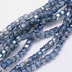Fili di perle di vetro placcato, pieno arcobaleno placcato, sfaccettato, cubo, blu fiordaliso, 4x4x4mm, Foro: 1 mm, circa 98pcs/filo, 15.7 pollice
