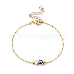 Beaded Bracelets, with Brass Clover Beads & Ball Chains, Evil Eye Alloy Enamel Beads, 304 Stainless Steel Lobster Claw Clasps, Golden, 7-1/2 inch(19cm)