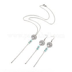 Stainless Steel Jewelry Sets, Pendant Necklaces and Dangle Earrings, with Synthetic Turquoise and Stainless Steel Findings, Flat Round with Tree of Life, Necklace: 18.1 inch(46cm), Earring: 103mm