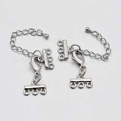 Chain Extenders, Necklace Layering Clasps, with 3 Strands 6-Hole Brass Ends and Lobster Claw Clasps, Platinum, 40mm, Hole: 1.5mm