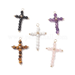 Natural Mixed Stone Faceted Round Copper Wire Wrapped Pendants, Cross Charms, Light Gold, 38x23x5mm, Hole: 2.5mm