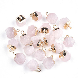Galvaniser des breloques de quartz rose naturel, avec les accessoires en fer, facette, or, 11~12x8x8mm, Trou: 1.5mm