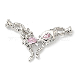 Rack Plating Brass Pave Clear Cubic Zirconia Fold Over Clasps, with Pink Glass, Cadmium Free & Lead Free, Long-Lasting Plated, Butterfly, Platinum, Butterfly: 22x25x7mm, Clasp: 13x7x6mm, Inner Diameter: 4mm
