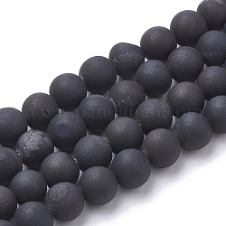 Electroplate Natural Druzy Geode Weathered Agate Beads Strands, Frosted, Dyed, Round, Black Plated, 7.5~8mm, Hole: 1~1.5mm, about 44~46pcs/strand, 14.5~15 inch
