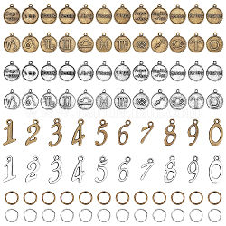 PandaHall Elite Alloy Pendants, with Antique Bronze & Antique Silver Tone Iron Jump Rings, Flat Round with Constellation & Number 0~9, Antique Bronze & Antique Silver, 236pcs/Box