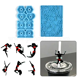 Exercising Women Shaped Straw Topper Silicone Mold Sets, Resin Casting Molds, for UV Resin & Epoxy Resin Craft Making, Deep Sky Blue, 100~108x58~77x4~6.7mm, Inner Diameter: 19~50x21~36mm, 2pcs/set
